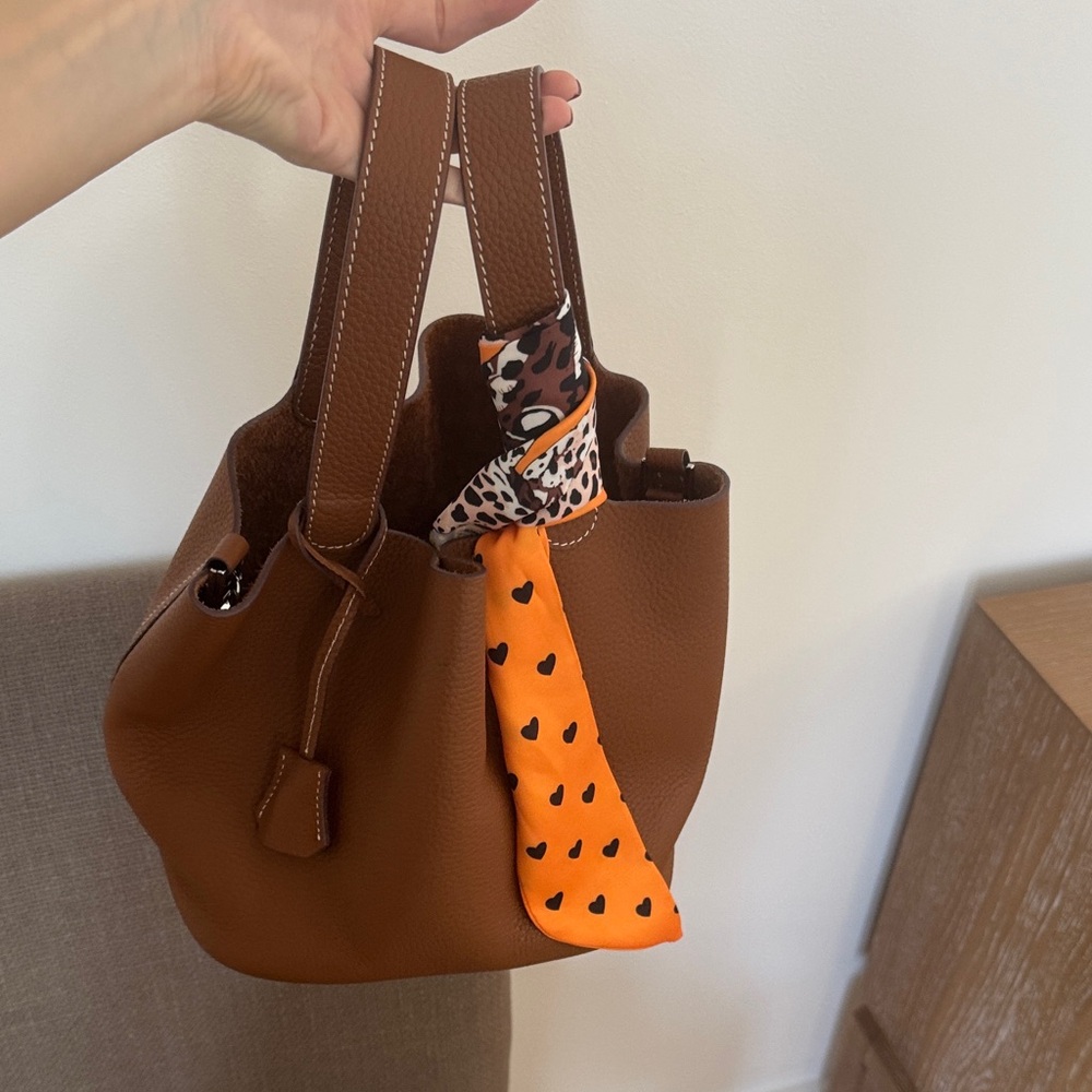 Brown Leather Women's Bag with Orange Accent